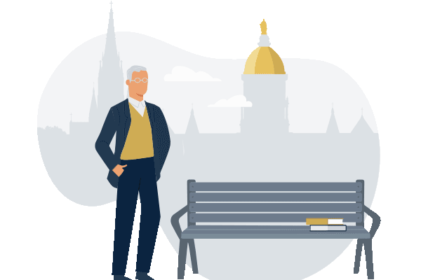 An illustration of a male figure wearing a suit in front of the Golden Dome, a bench is to the right of him.