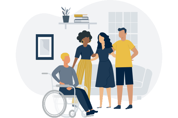 An illustration of four people standing in a dorm room, one of the individuals are in a wheelchair. Behind them is a couch, window, wall shelf, and picture frame.