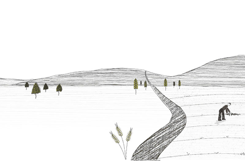 A sketch of someone working in a farm, bent over towards the ground. Moutains in the background with few trees on the land.