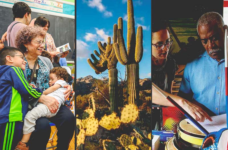 A triptych with a group of people on the left, a cactus in the center, and another group of people on the right.