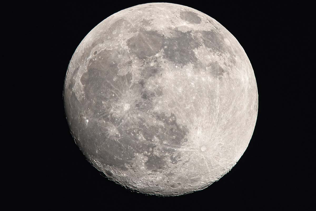 A close up photo of the Moon in the waning gibbous phase — a day or two after full moon.