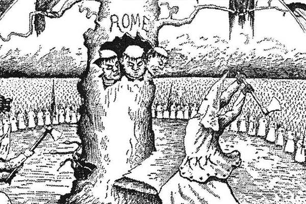 Cartoon of a Klasman swinging an axe to a tree labeled Rome with brothers inside.