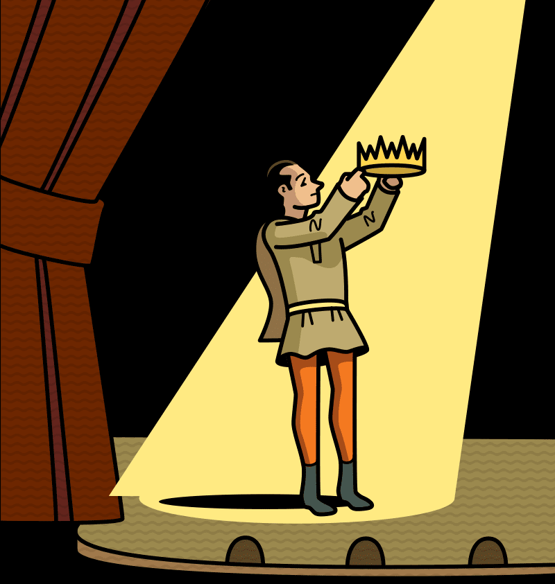 An illustration of a man performing on stage holding up a crown.