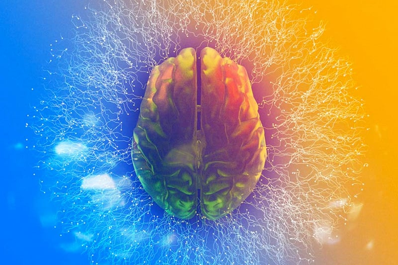 A graphic showing the brain with pathways coming from it with orange and blue colors in the background.