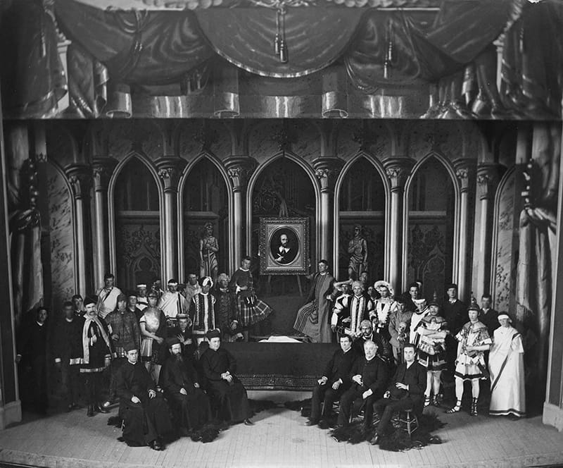 Shakespeare production cast photo taken in Washington Hall in 1885.