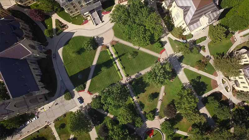 An aerial view of God Quad on Notre Dame's campus.