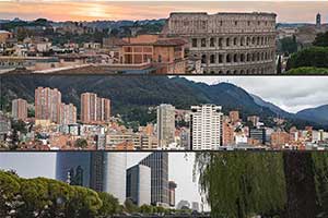 Stacked landscapes of Rome, Colombia and Beijing.