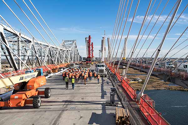 Students tour the Goethals Bridge replacement project construction site with Kiewit engineers