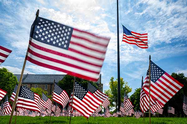 Hundreds of small American flags stuck in the Quad, with the American flag at half-mast on the flag pole.