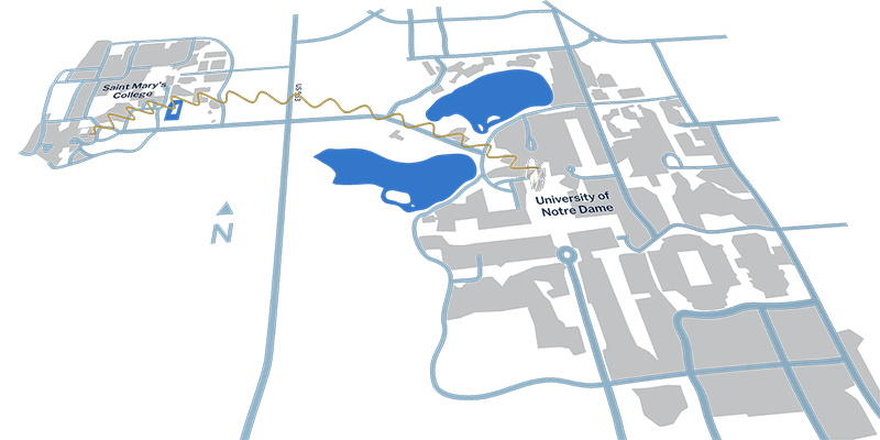 Map of transmission path from the basilica on Notre Dame's campus to Bertrand Hall on Saint Mary's campus.