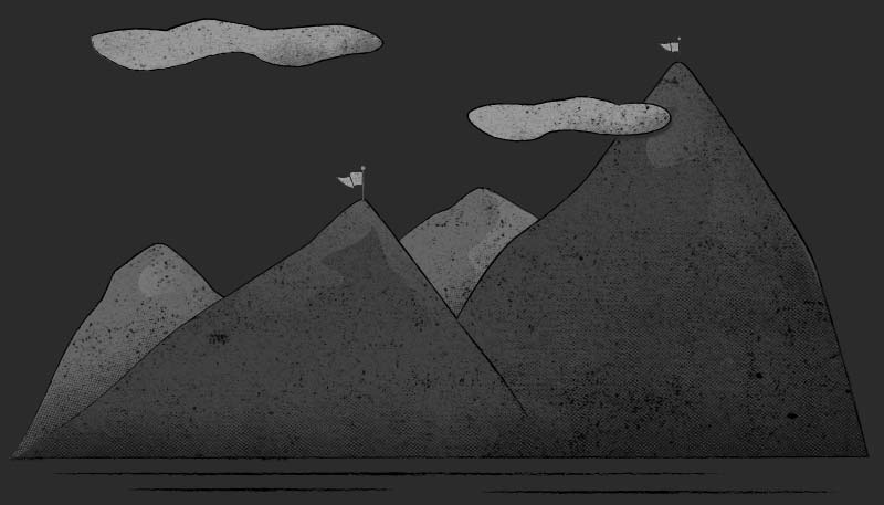 A black and white illustraion of four mountains, two with flags at the top, representing growth.