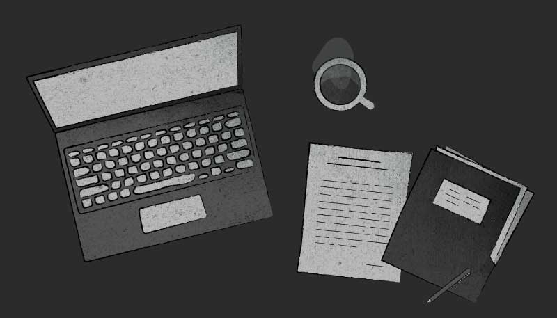 A black and white illustration of a laptop, papers, a file pocket, a pen, and a steaming cup of coffee.