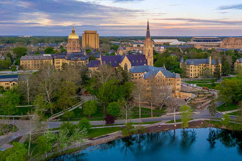 Notre Dame's main building and Basilica in the background and St. Mary's Lake in front.