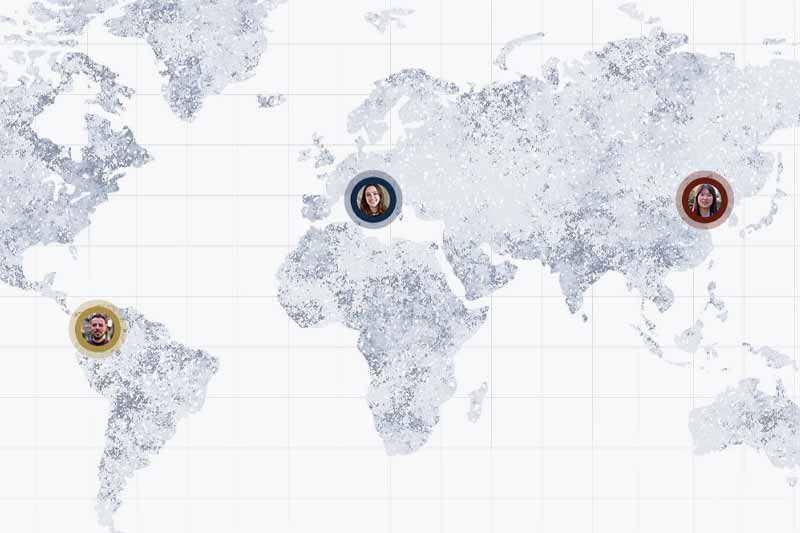 An illustration of a map with three students pictures representing where they are from (Brazil, Colombia, and China).