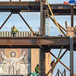 March 17, 2016; Crossroads construction with Hesburgh Library's Word of Life Mural in background. (Photo by Barbara Johnston/University of Notre Dame)