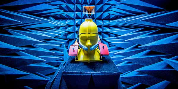 A full-head mannequin testing wireless performance in Notre Dame’s anechoic chamber for the Wireless Institute