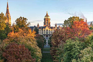 A straight on shot of the Notre Dame Golden Dome surrounded by colorful fall trees.