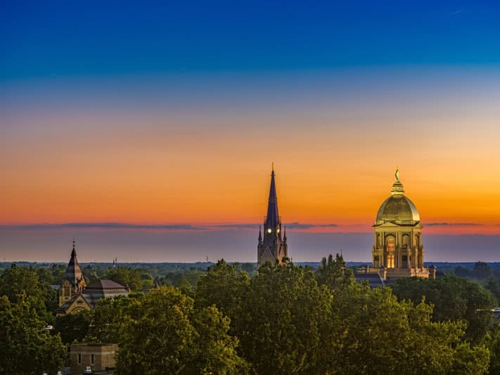 Basilica steeple and Dome against the colorful sunset sky