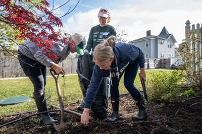 Three women clean up landscaping in a yard.