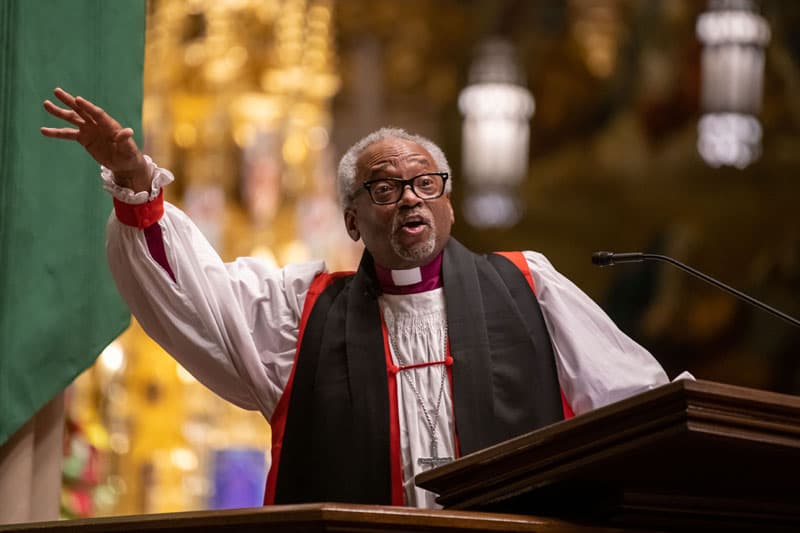 Bishop Curry gives the homily at the pulpit in the Basilica of the Sacred Heart.