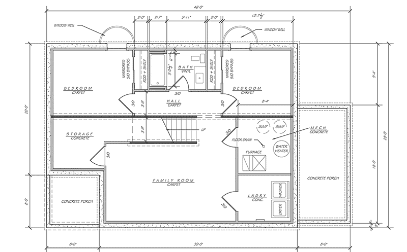 An architectural blueprint of a home's basement floor. Labels of each room are displayed along with arrows pointing to particular details.
