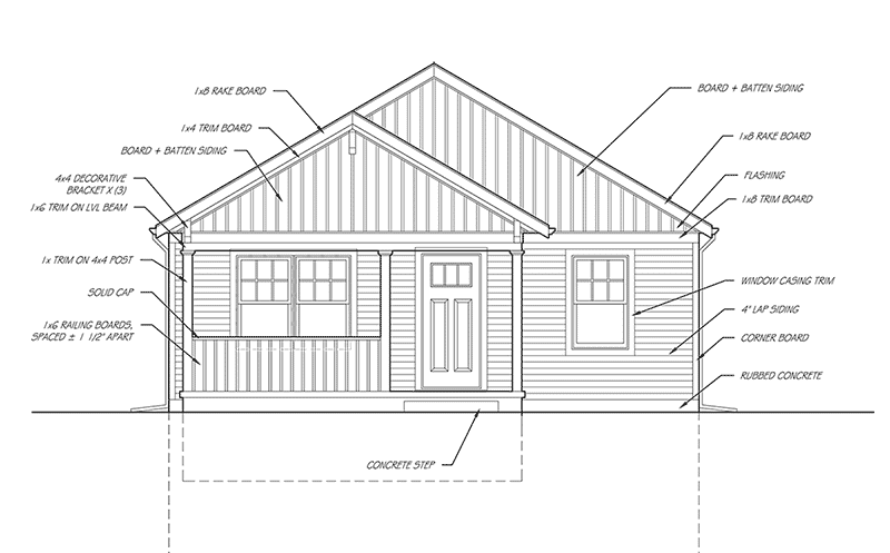 An architectural blueprint of a home's front elevation. Labels of each room are displayed along with arrows pointing to particular details.