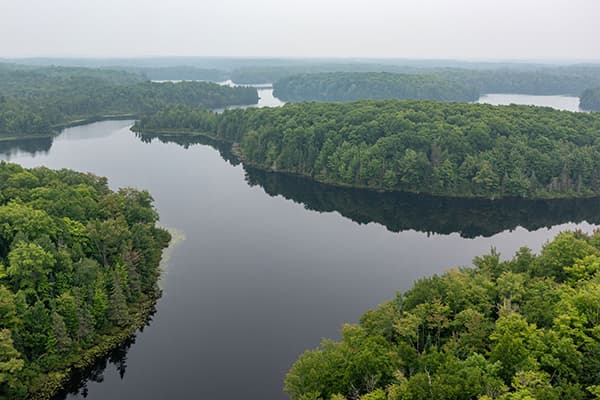 Aerial view of Land O'Lakes area showing a river running through heavily wooded land.