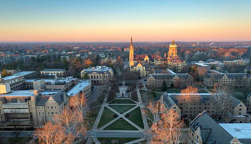 An aerial view of Notre Dame's campus at sunrise.