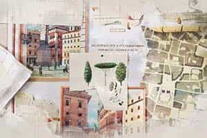 A collage of architectural drawings of buildings, trees and street map.