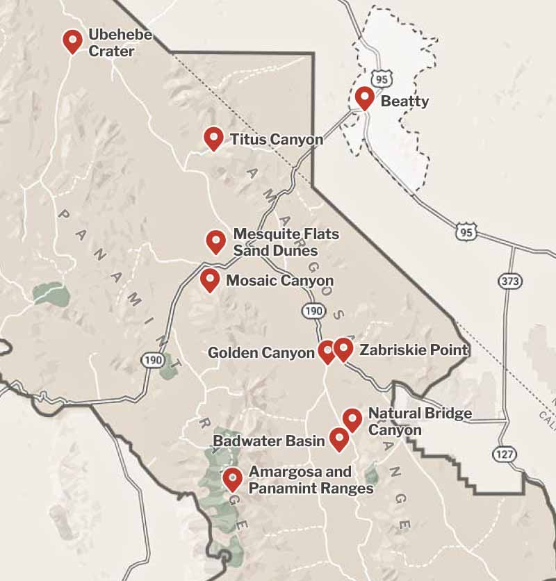 A close up map of Death Valley displaying pins that show the places where the students visited.