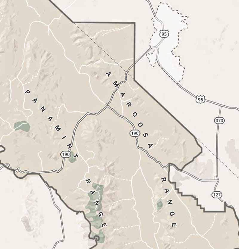 A close up map of Death Valley displaying two labels: Panamint Range and to the west and Amargosa Range to the east.