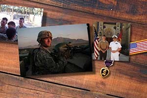 A collage of military photos, Purple Heart medal and American flag patch.