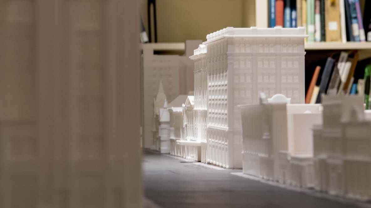 A close-up of the 3-D printed model of historical downtown South Bend.