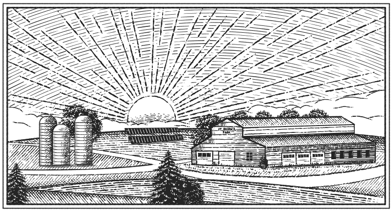 An engraved style illustration of a farm during sunrise. A large sun in the background and silos, a barn, and solar panels in the foreground.
