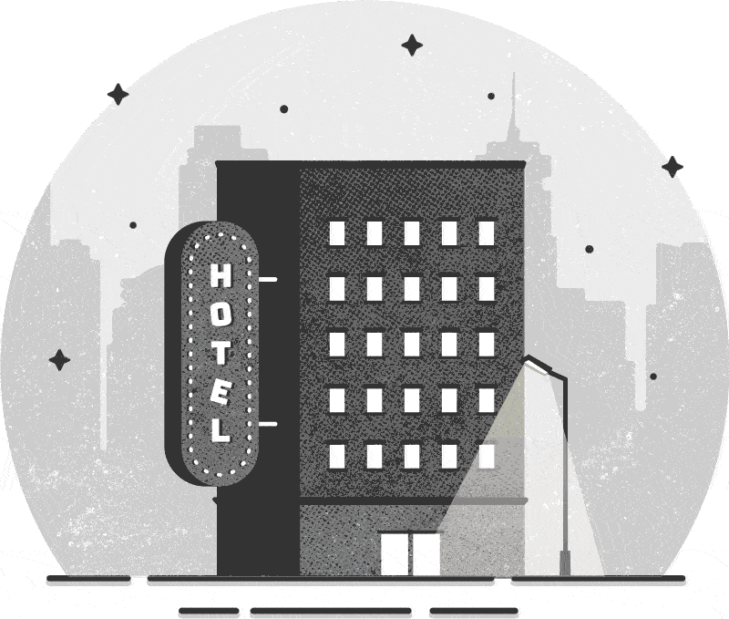 A black and white illustration of a hotel building. A street lamp next to the building is flickering.