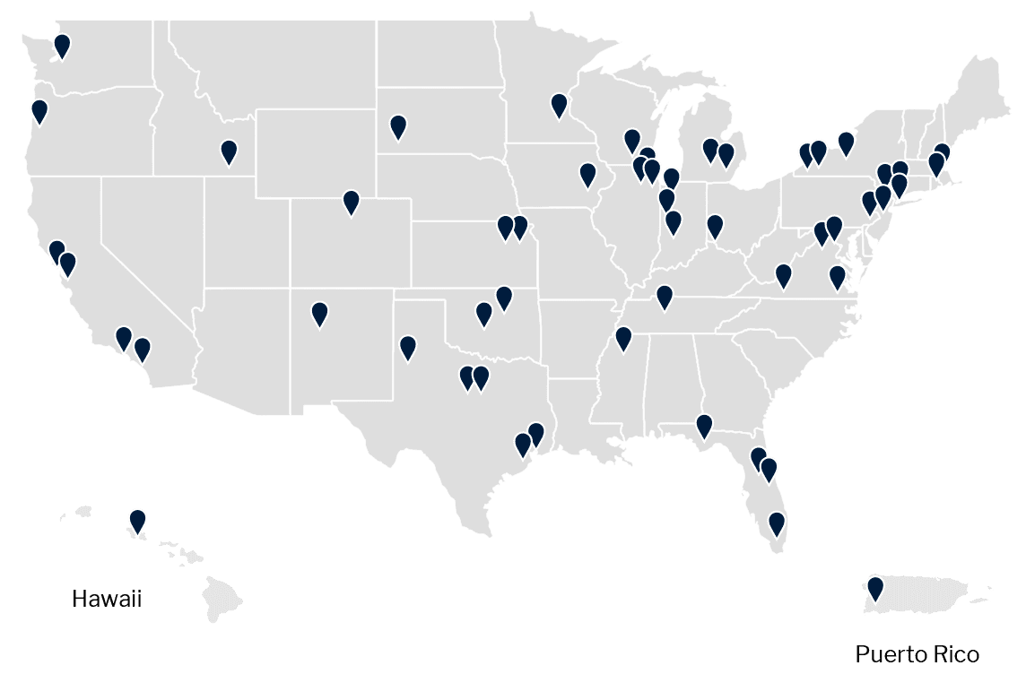 Map of the United States with pins on the states and cities of all active QuarkNet centers.