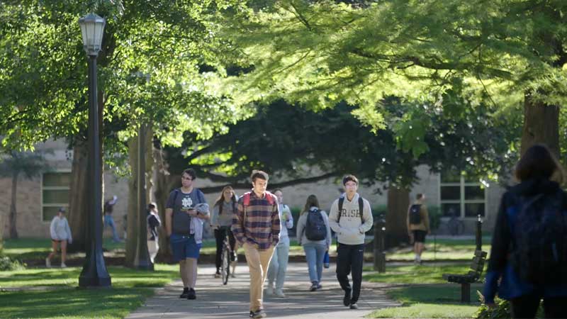 Students walking around on campus sidewalks.