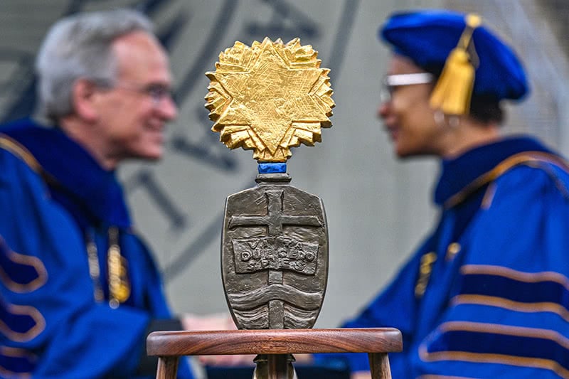 A close up of the ceremonial mace that is used during commencement ceremonies.