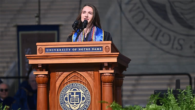 Kristen H. Friday delivers the valedictory address at the University of Notre Dame's 178th Commencement Ceremony on May 21, 2023.