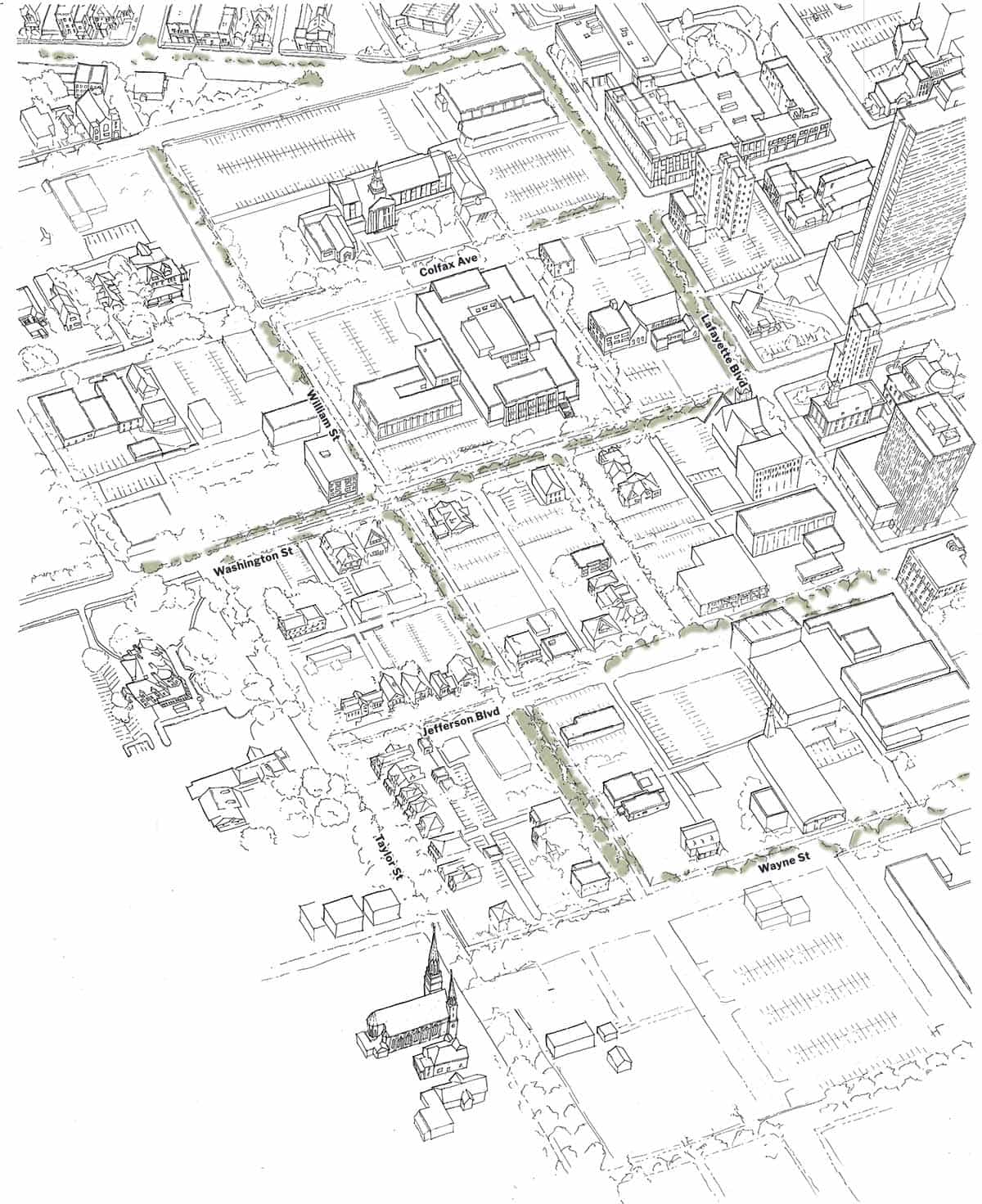 An aerial view drawing of downtown South Bend but  highlighted in green, trees are sketched in some of the bare spaces.