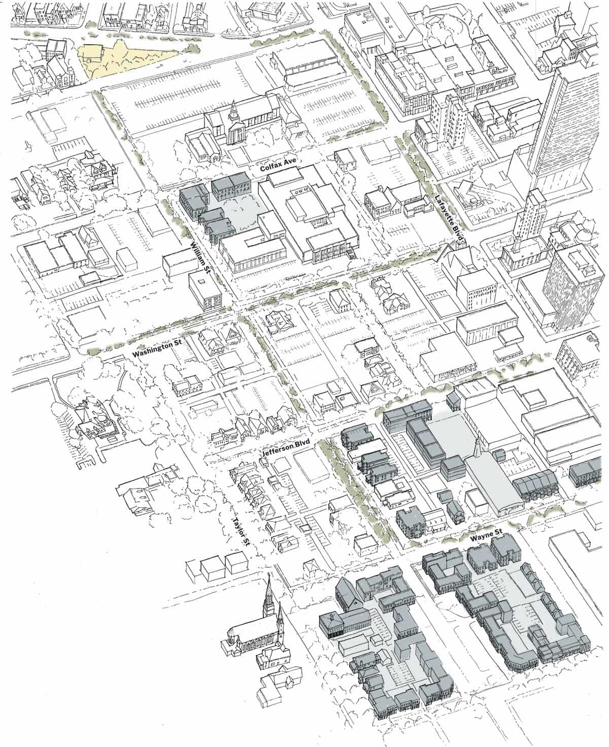 An aerial view drawing of South Bend highlighting a small pocket park north of downtown.