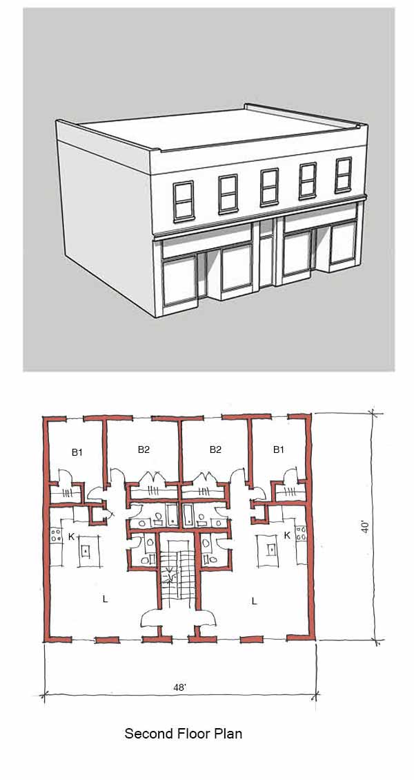 A perspective drawing of a two-story commercial building. There are two entrayways in the middle of two large store front windows.
