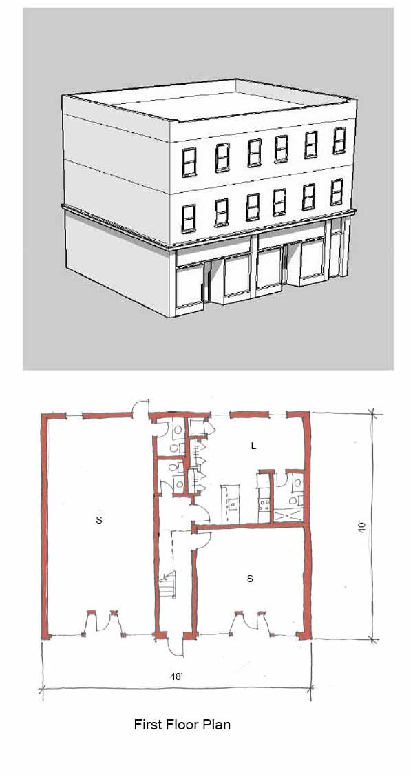 A perspective drawing of a three-story commercial building. There are two entrayways in the middle of two large store front windows and another door on the right of the building.