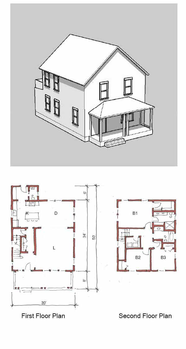 A perspective drawing of a three bedroom home featuring a large covered porch, first floor, and second floor.