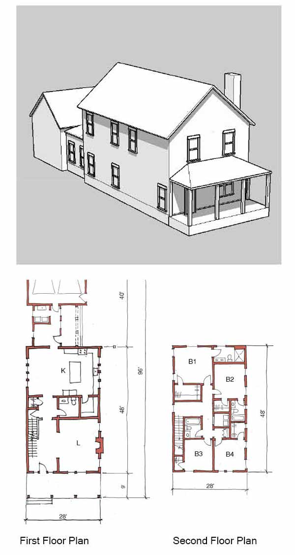 A perspective drawing of a four bedroom home featuring a large covered porch with a side entry, first floor, and second floor.