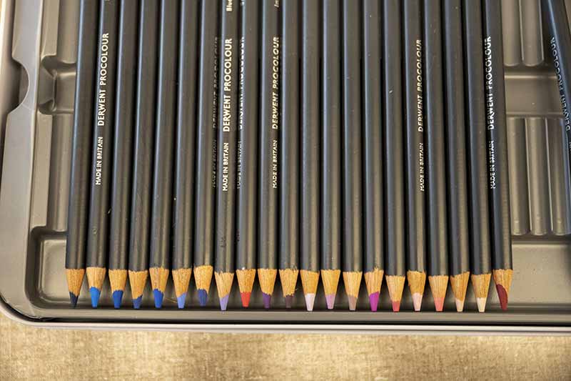 Colored pencils organized in a container.