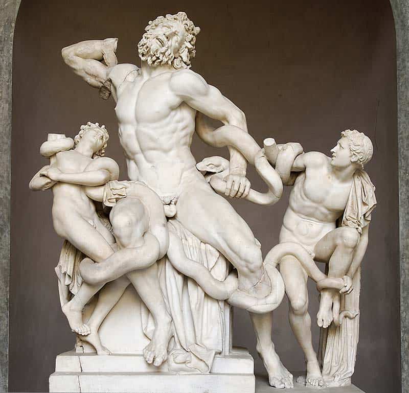 The statue depicts three men struggling against snakes.
