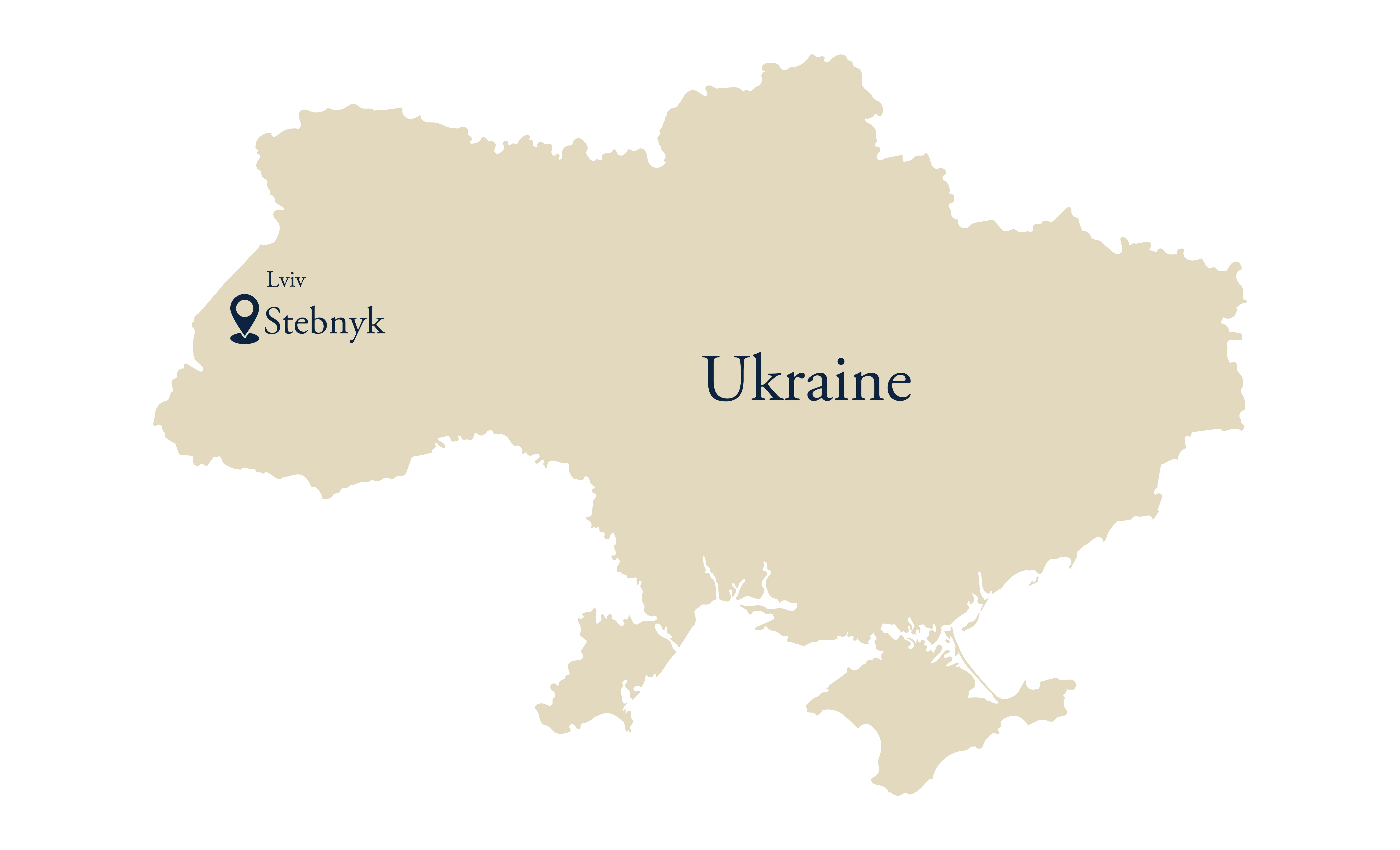Outline of Ukraine with a placemark where Stebnyk is located.
