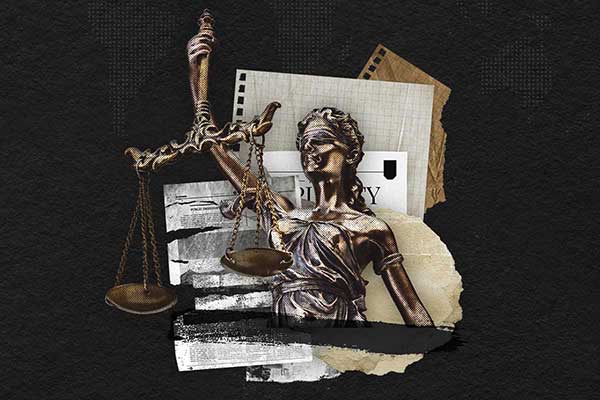 A graphical collage of Lady Justice layered on top of newspaper cuttings and other pieces of paper.