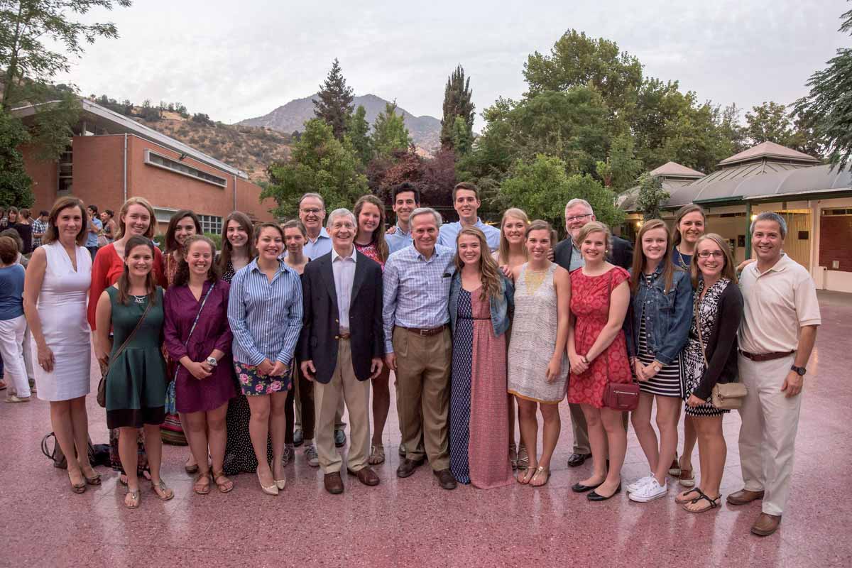 Notre Dame undergraduates studying in Santiago, Chile join University President Rev. John I. Jenkins, C.S.C. Provost Dr. Thomas Burish, and other members of Notre Dame’s delegation traveling this week in Chile, Argentina and Brazil for a photo following a Mass at St. George’s College in Santiago, one of Latin America’s premier primary and secondary schools founded by the Congregation of Holy Cross. Later today Notre Dame leaders will meet with their counterparts at the Pontifical Catolica Universidad de Chile.